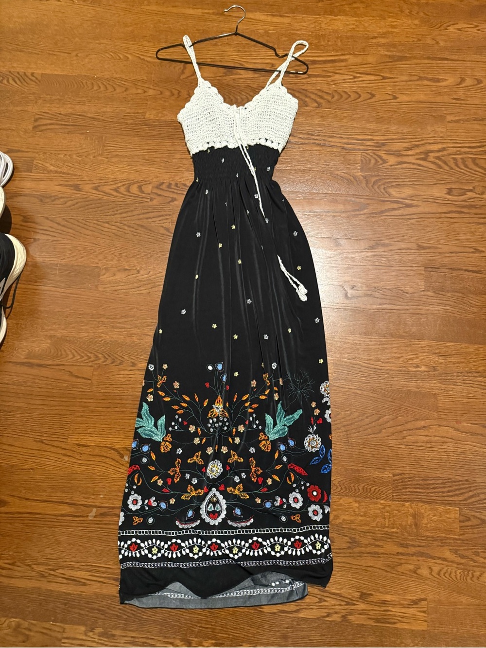 White Crochet Top Black Embroidered Maxi Dress